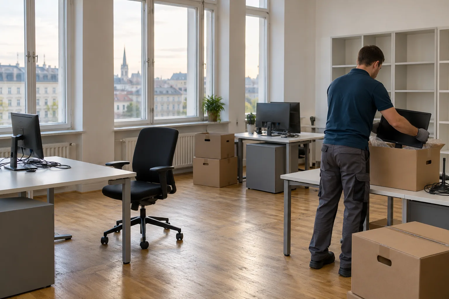 Vorbereitung einer Büroräumung mit Kartons, Schreibtischen und verpacktem Monitor