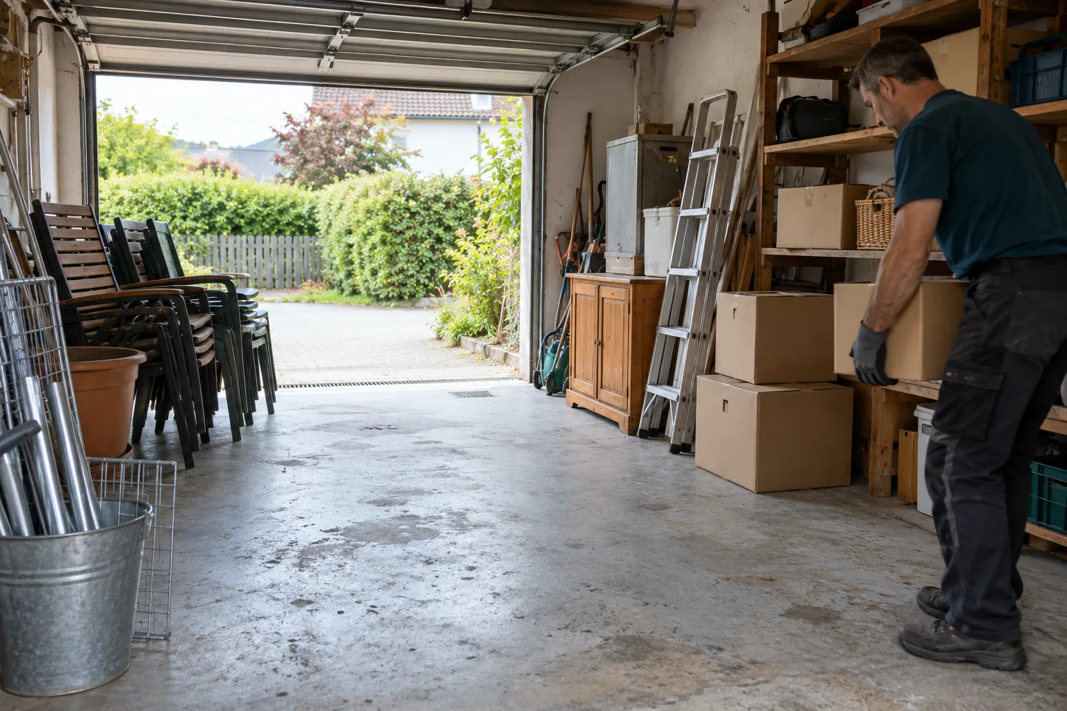 Sortierte Kartons und Gartenmöbel in einer Garage mit freiem Trageweg