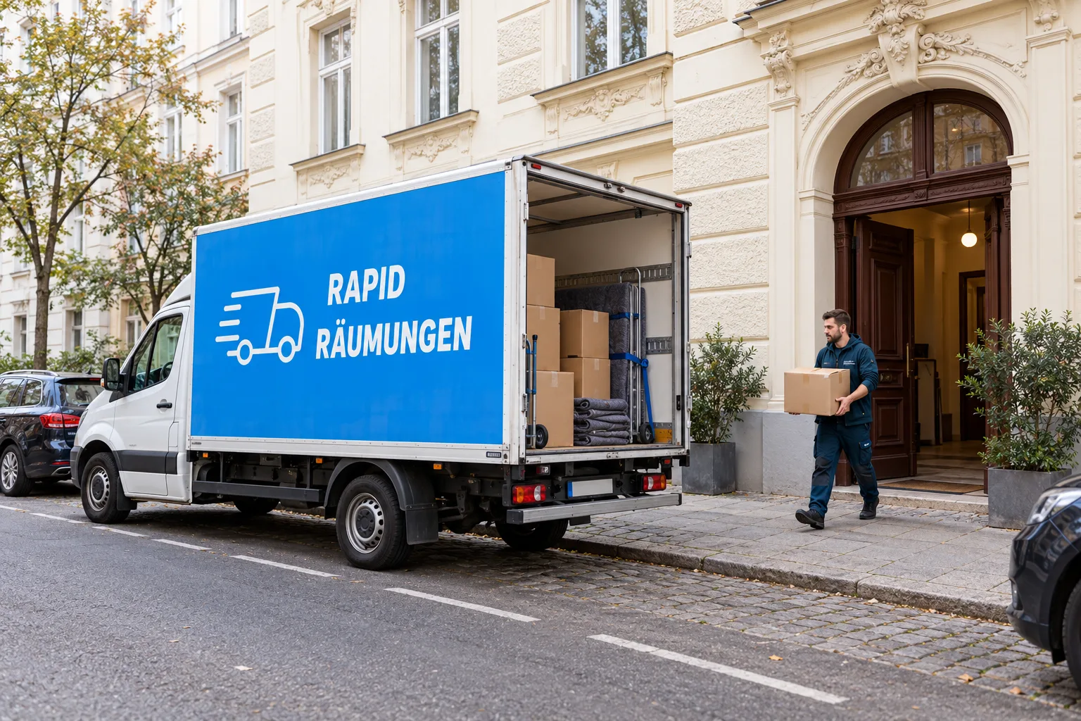 LKW mit Rapid-Räumungen-Logo vor einem Wiener Altbau, daneben ein Mann mit Karton