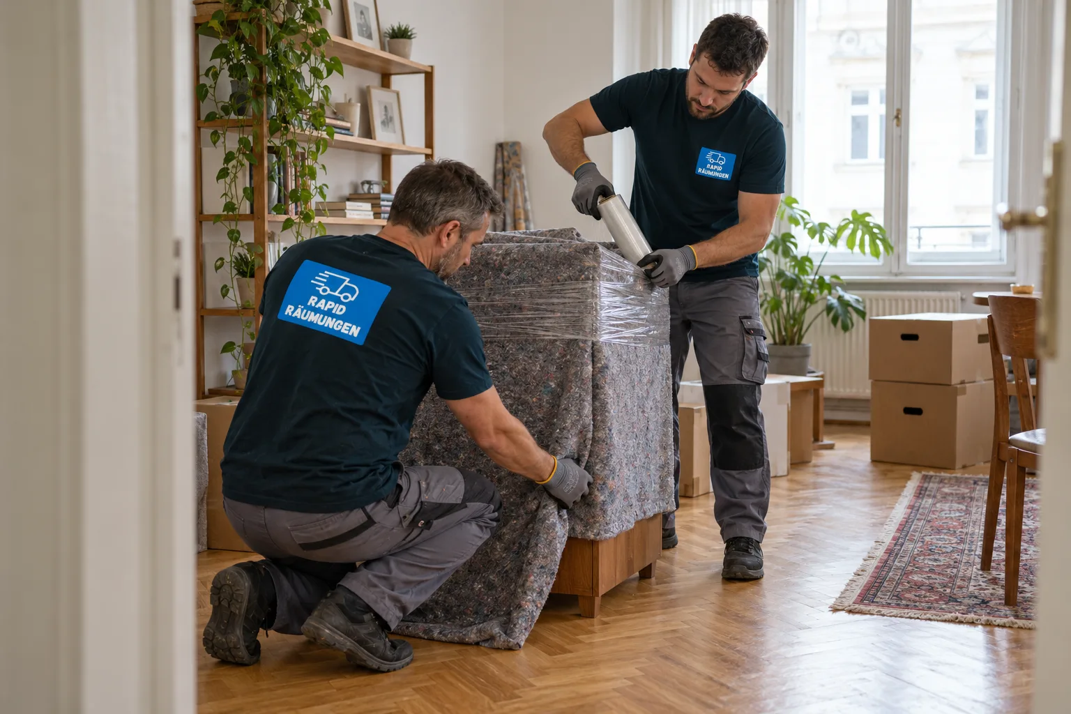 Zwei Personen schützen ein Möbelstück mit einer Decke und Stretchfolie
