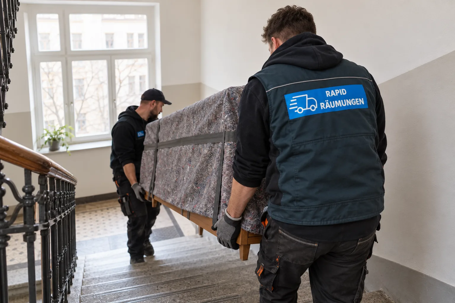 Zwei Personen tragen eine mit Decken geschützte Kommode durch ein Stiegenhaus