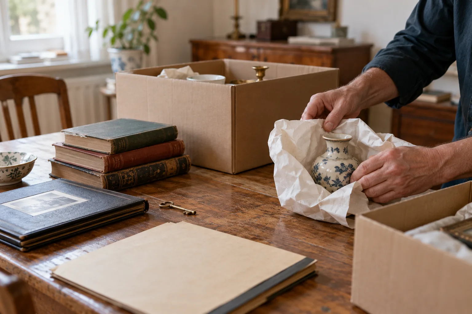 Persönliche Gegenstände, Bücher und Fotoalbum werden vor einer Räumung sorgfältig sortiert
