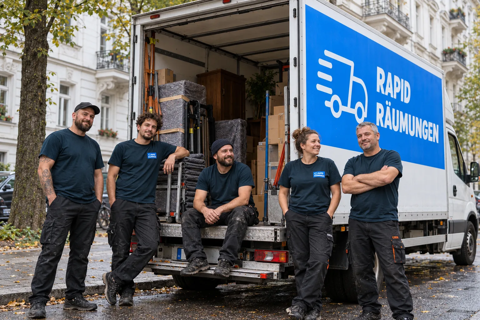 Fünf Personen in Arbeitskleidung vor einem geöffneten LKW mit Rapid-Räumungen-Logo