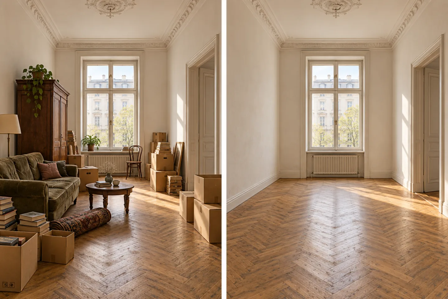 Wohnung mit Gegenständen und nach dem Ausräumen im Vergleich